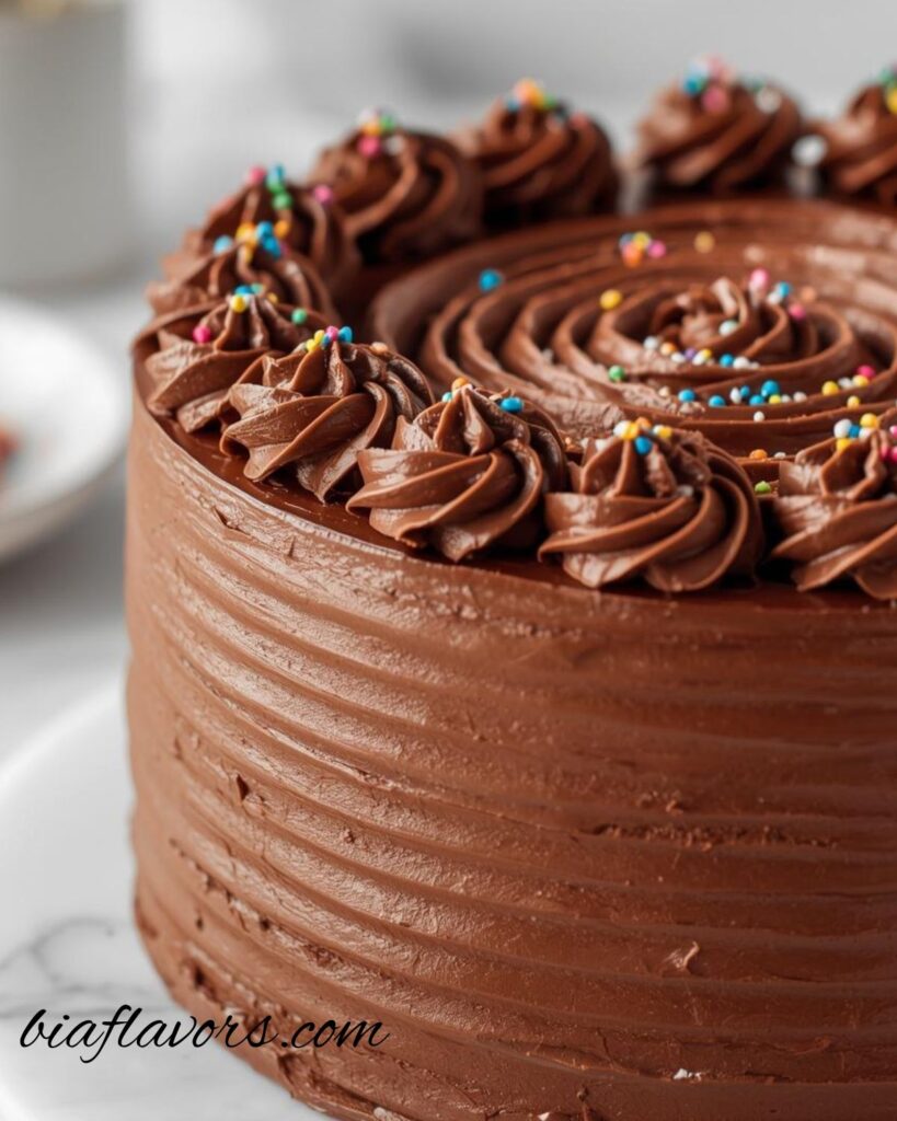 Moist chocolate layer cake with rich chocolate buttercream frosting on a cake stand