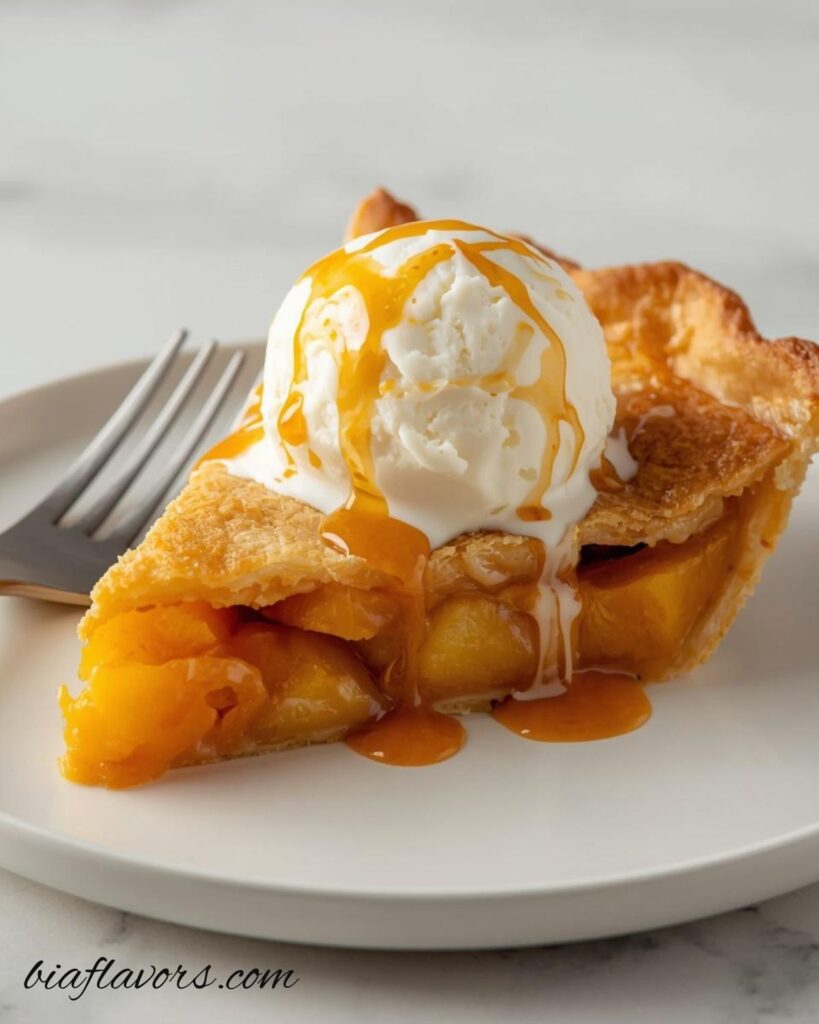 Homemade peach pie with golden flaky crust and juicy peach filling, freshly baked and sliced