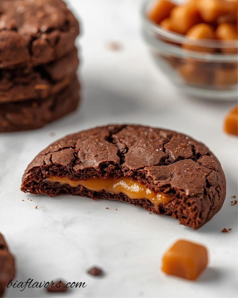 Soft caramel stuffed chocolate cookies with gooey melted caramel center and cracked cocoa top