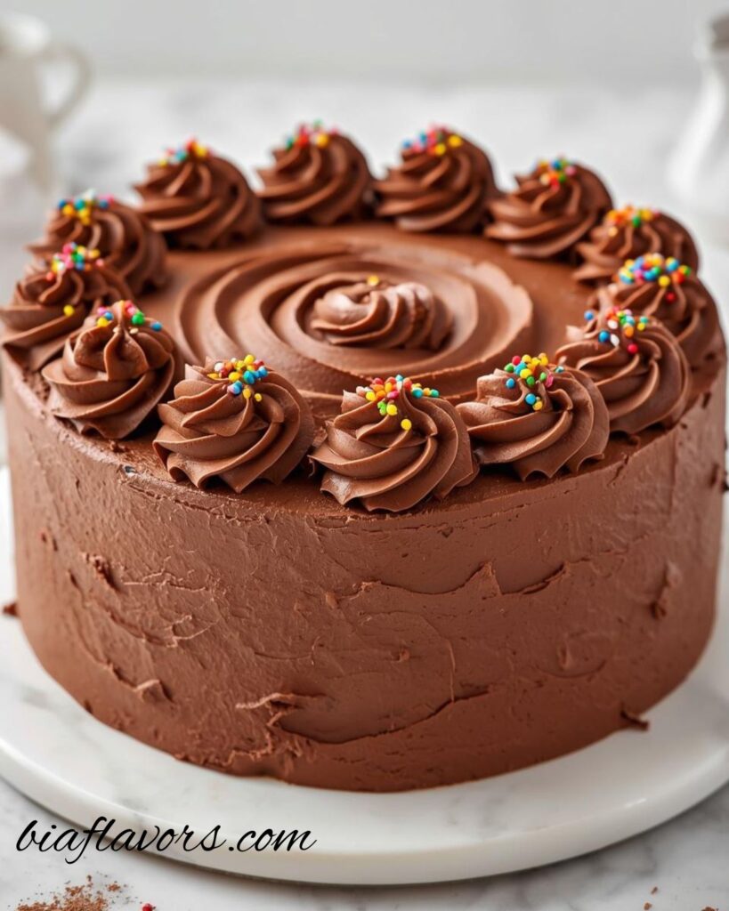 Homemade chocolate cake topped with glossy chocolate buttercream and smooth edges