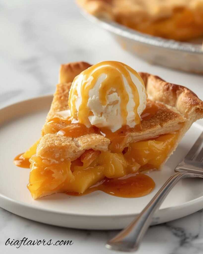 Slice of peach pie showing soft spiced peach filling inside buttery homemade crust