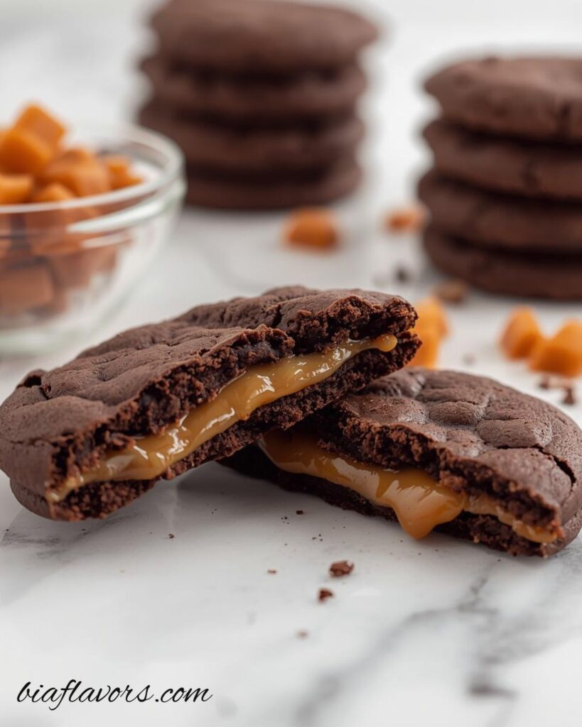 Fresh baked caramel stuffed cookies sprinkled with sea salt on a cooling rack
