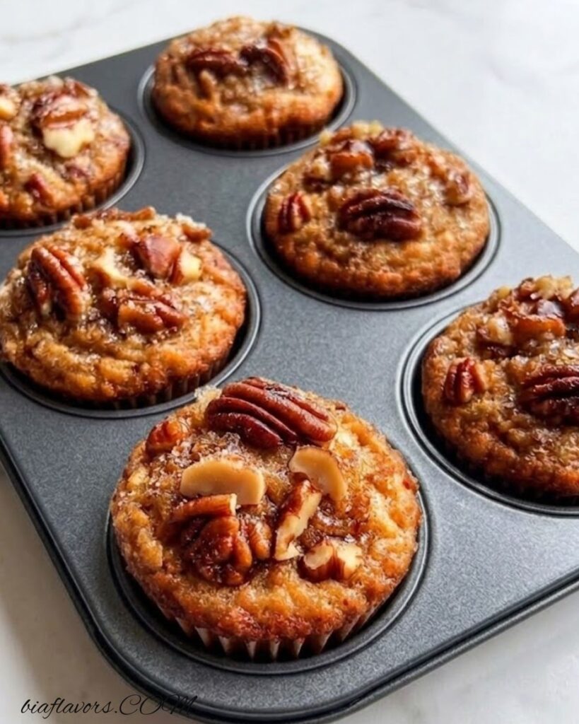 Freshly baked pecan pie brown sugar muffins in a muffin tray
