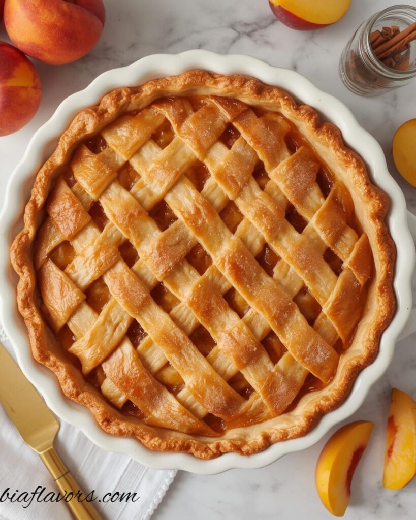 A slice of peach pie on a plate, showing flaky crust and soft sweet peach filling