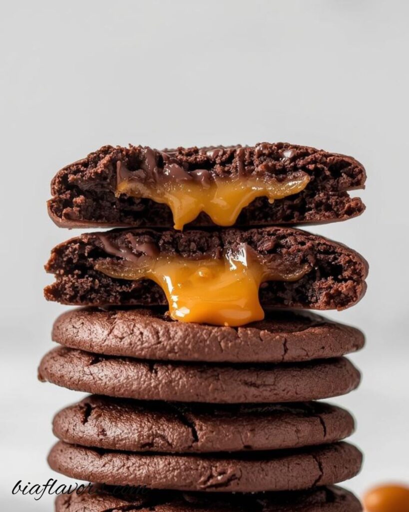 Chocolate cookies with hidden caramel center, soft and chewy texture visible when broken open