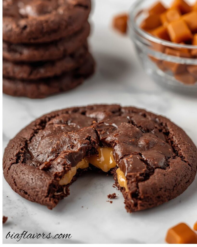 Warm caramel filled cookies with rich chocolate dough and glossy melted caramel inside