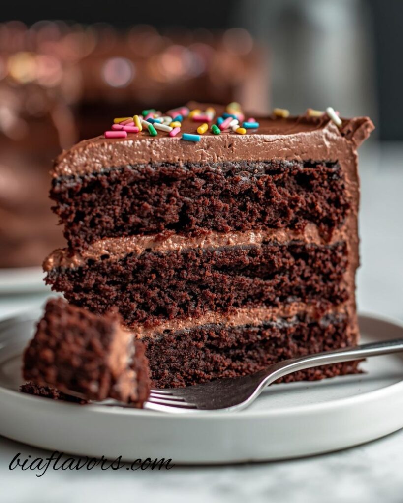 Slice of homemade chocolate cake showing soft, fluffy layers and creamy frosting