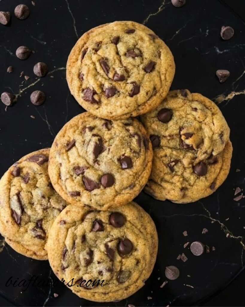 Soft and chewy brown butter chocolate chip cookies on a baking tray