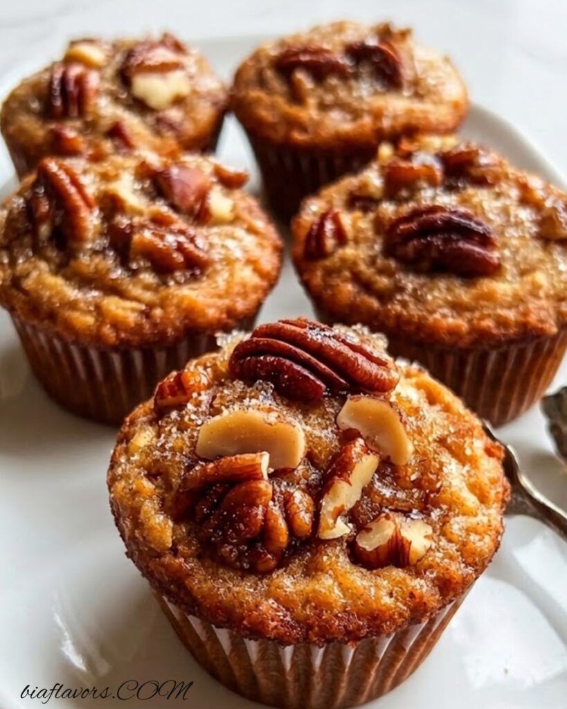 Soft and moist pecan pie brown sugar muffins with pecan topping