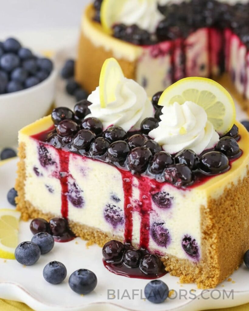 Creamy lemon cheesecake with blueberry topping and buttery crust
