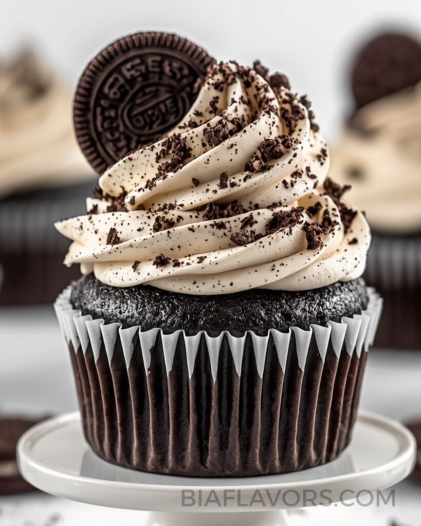 Delicious cookies and cream cupcakes with soft chocolate base and Oreo topping