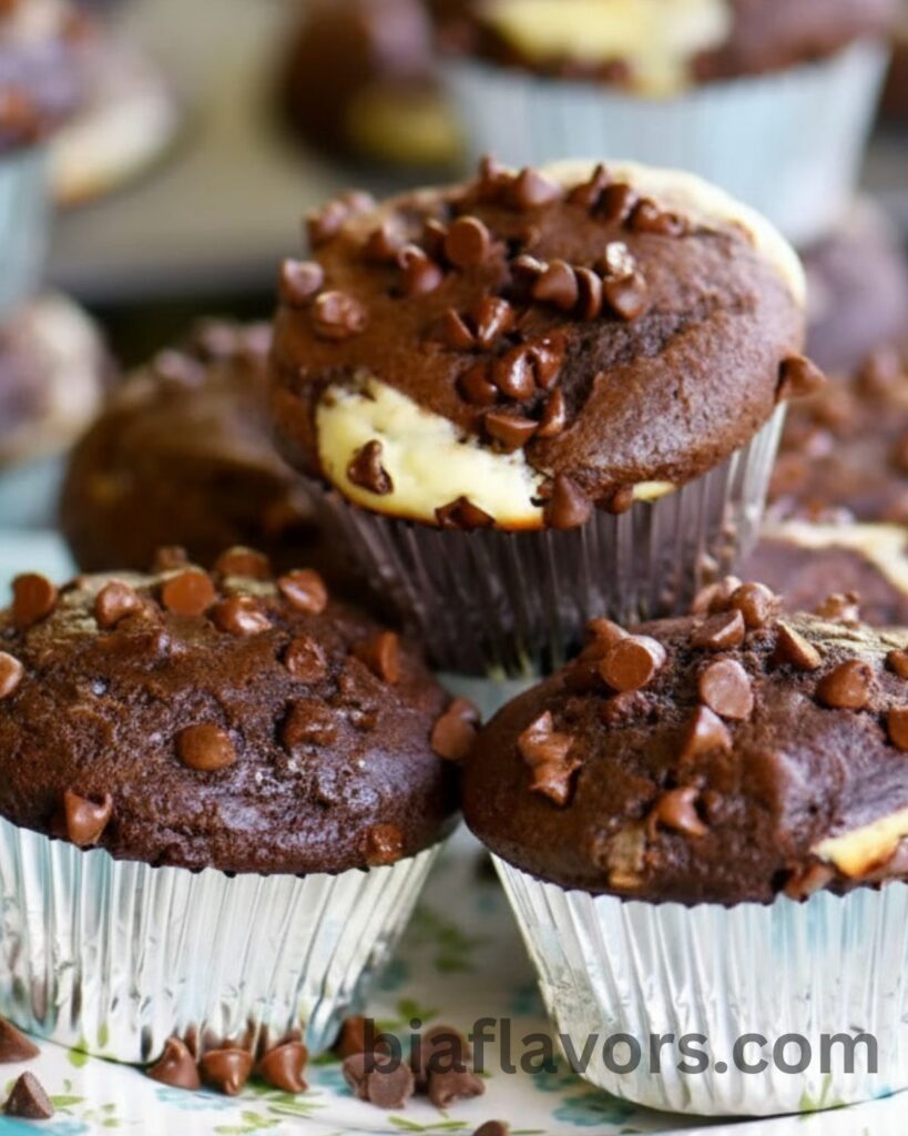 Homemade chocolate chip muffins with rich cheesecake filling