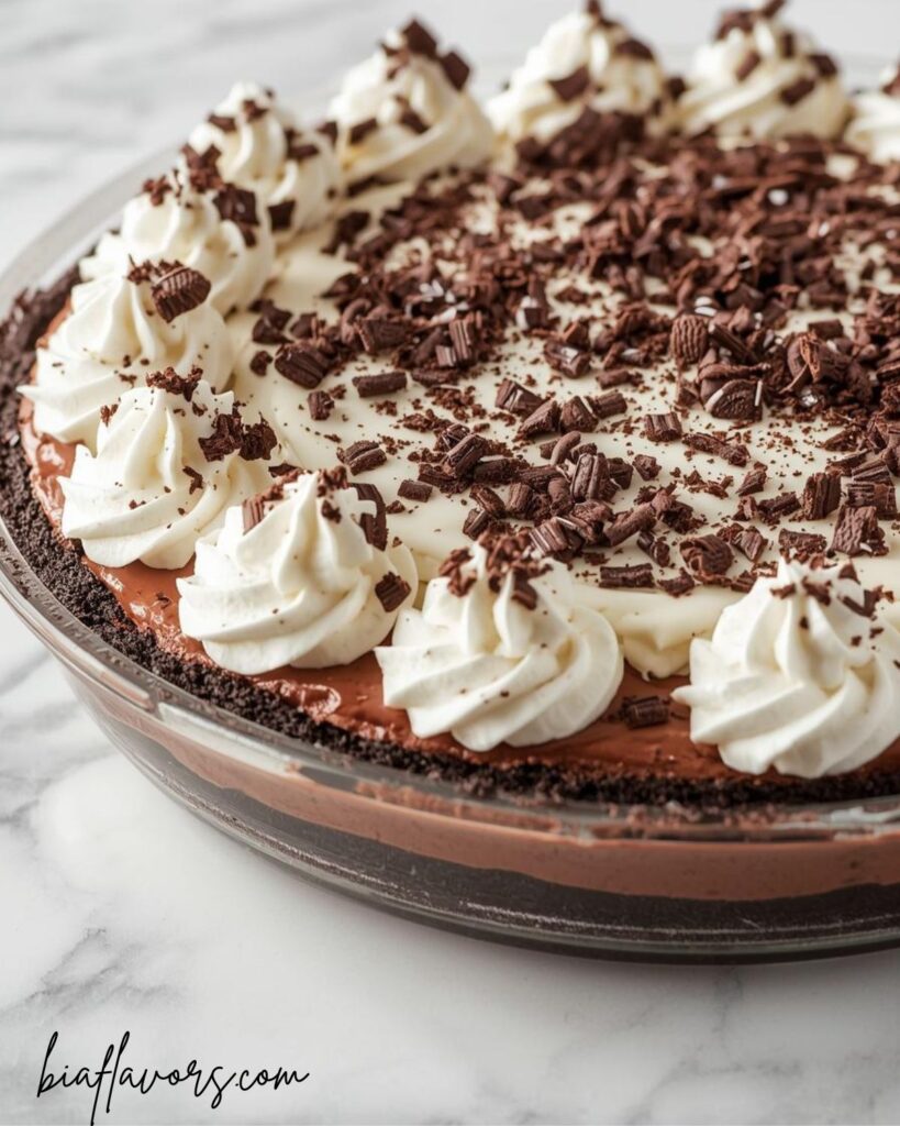 Homemade chocolate cream pie topped with whipped cream and chocolate curls