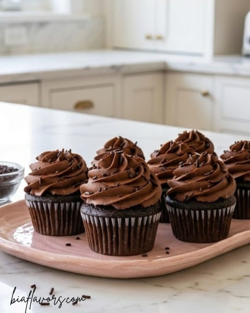 Homemade chocolate cupcakes topped with creamy chocolate frosting