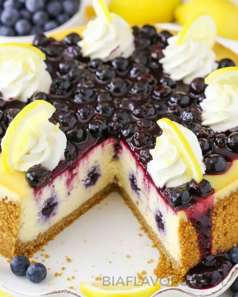 Homemade lemon blueberry cheesecake with vibrant fruit glaze