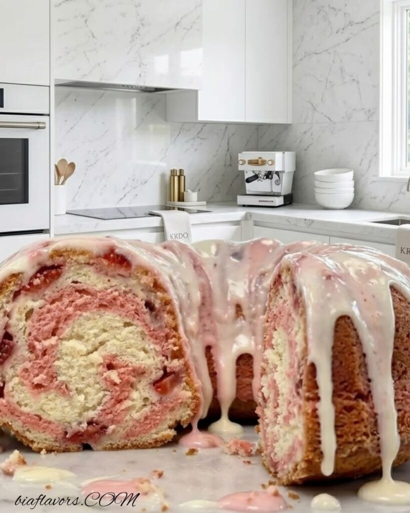 Slice of strawberry pound cake showing soft texture and fresh strawberries