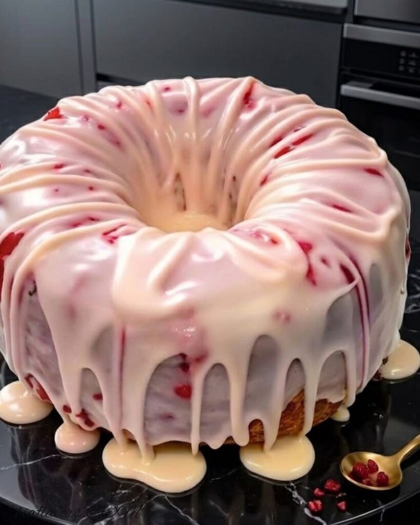 Moist strawberry cream cheese pound cake with glaze on top