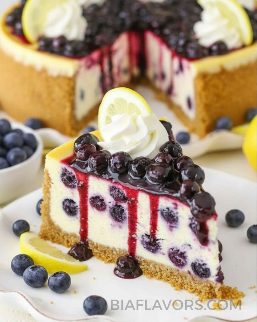 Lemon blueberry cheesecake topped with fresh blueberries and lemon zest