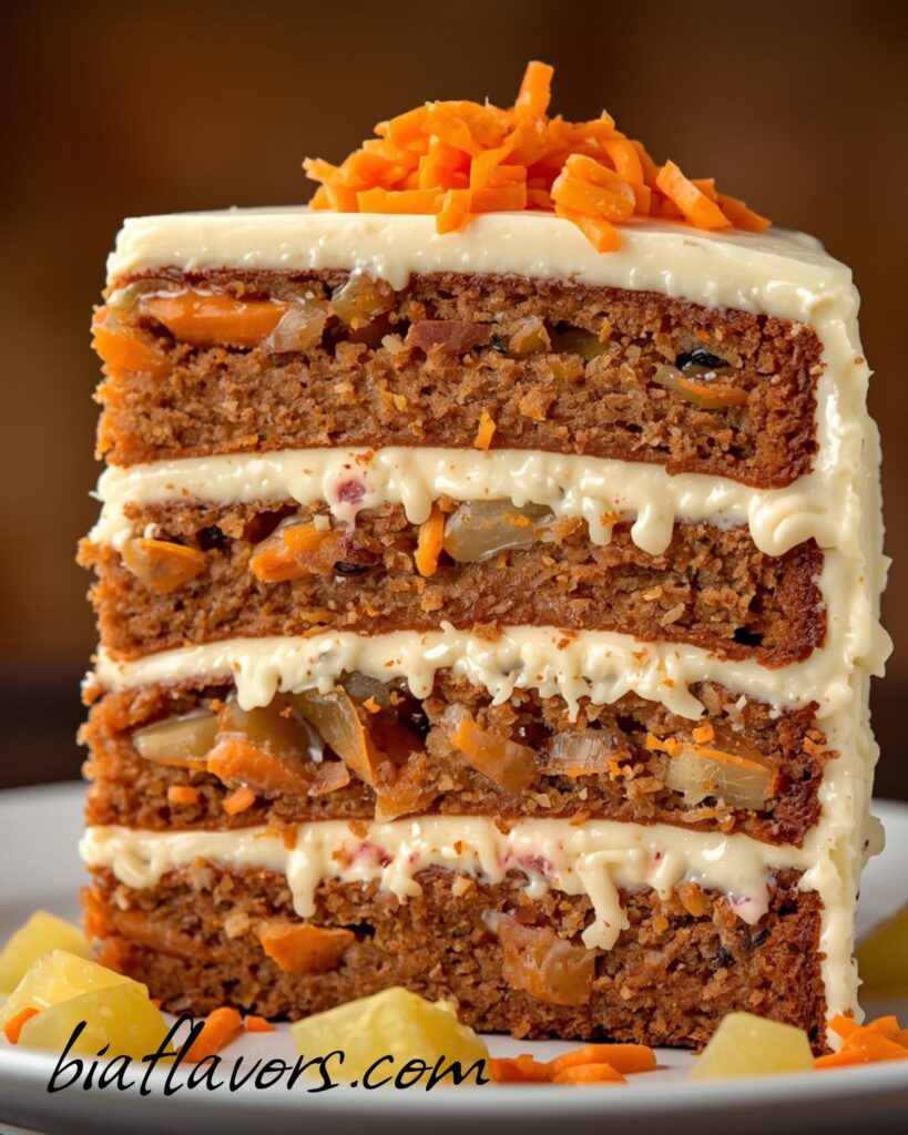 Moist Hawaiian carrot pineapple cake topped with creamy cream cheese frosting and pineapple garnish