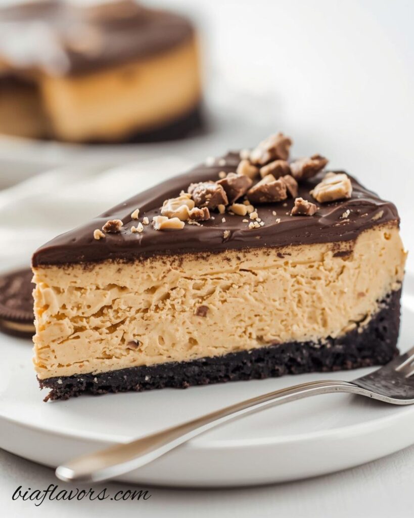 Slice of no bake cheesecake with peanut butter filling and chocolate cookie crust