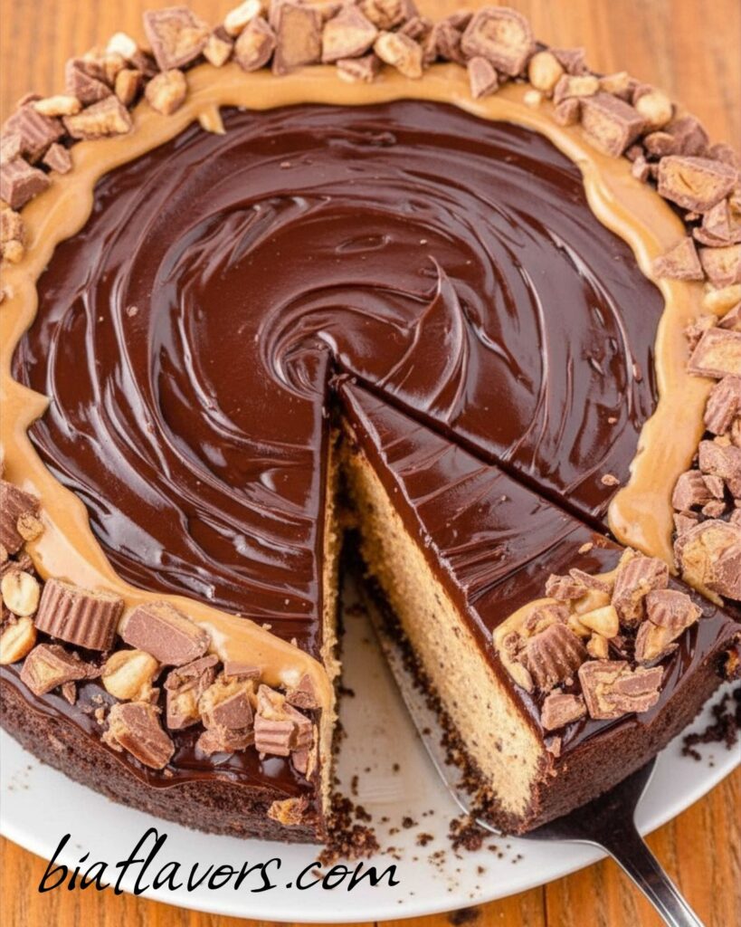 Rich peanut butter cheesecake with smooth filling and cookie crust