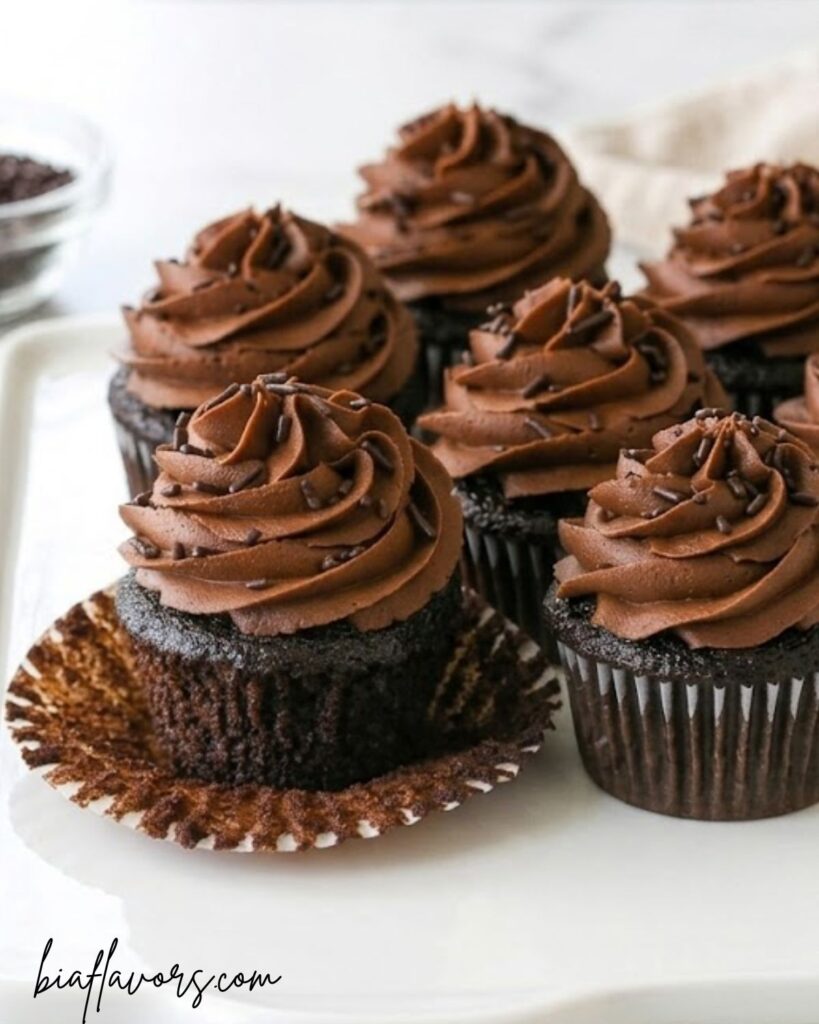 Soft and moist chocolate cupcakes with rich chocolate buttercream frosting