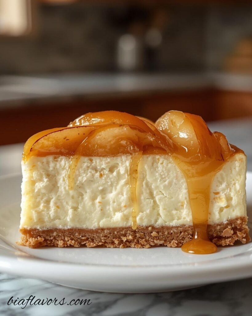 apple caramel cheesecake on white plate