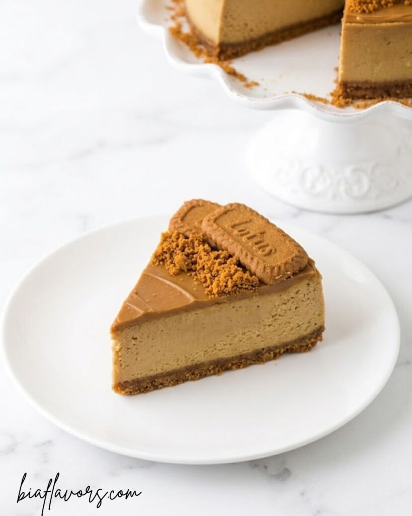 rich and creamy Biscoff cheesecake slice with cookie crumbs on top
