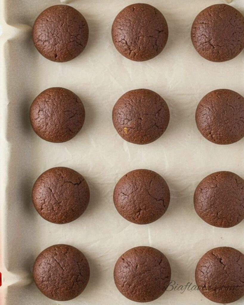 Chocolate cookie dough balls arranged on parchment lined baking sheet ready to go in the oven


