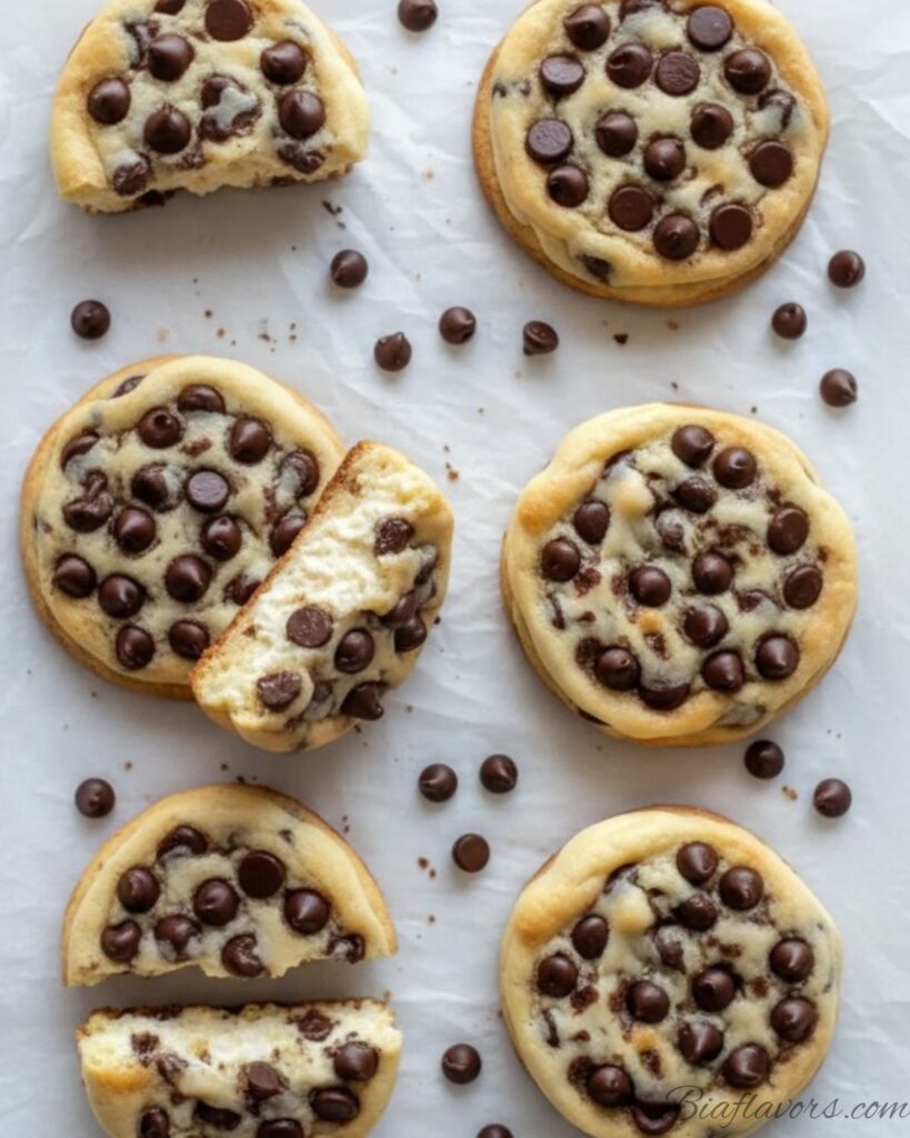 Overhead flat lay of cheesecake stuffed chocolate chip cookies on parchment paper some broken open showing creamy filling