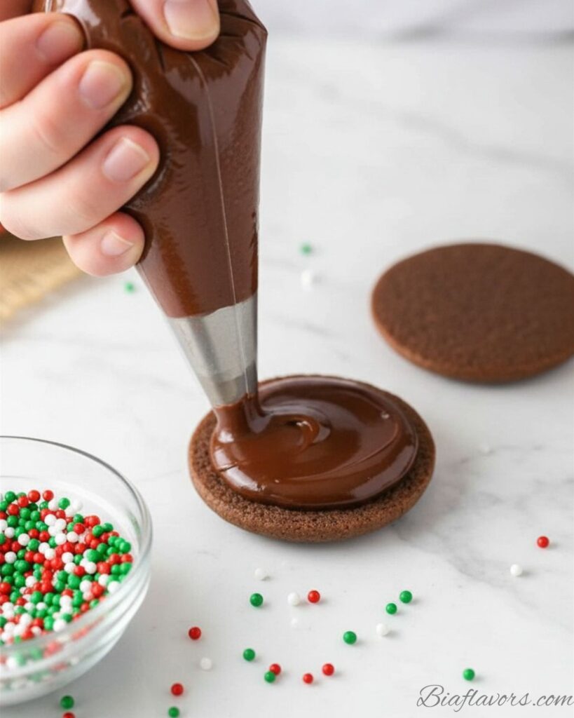 Piping chocolate ganache filling onto chocolate cookie to assemble Christmas sandwich cookies

