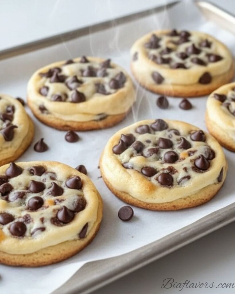 Freshly baked cheesecake stuffed chocolate chip cookies on parchment lined baking sheet just out of the oven