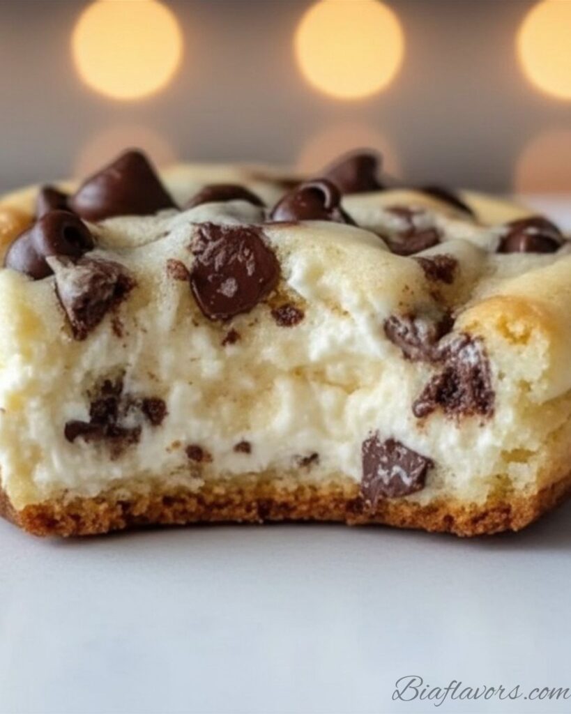 Macro close-up of cheesecake stuffed chocolate chip cookie bite showing creamy white cheesecake filling and chocolate chips inside