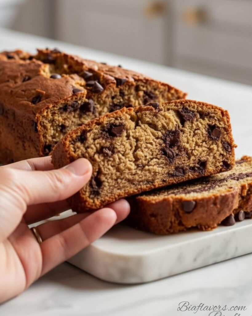 A hand holding a thick moist slice of chocolate chip banana bread with melted chocolate chips visible against a bright white luxury kitchen background