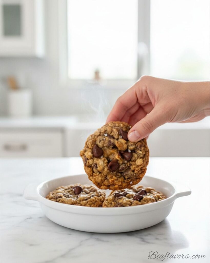 A hand picking up a warm oatmeal chocolate chip cookie from a white ceramic dish on a marble counter in a bright airy luxury white kitchen