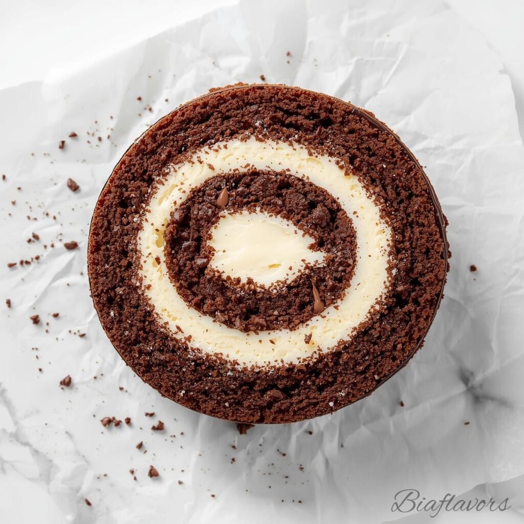 Bakery-style Chocolate Swiss Roll dessert with rich chocolate sponge and cream filling