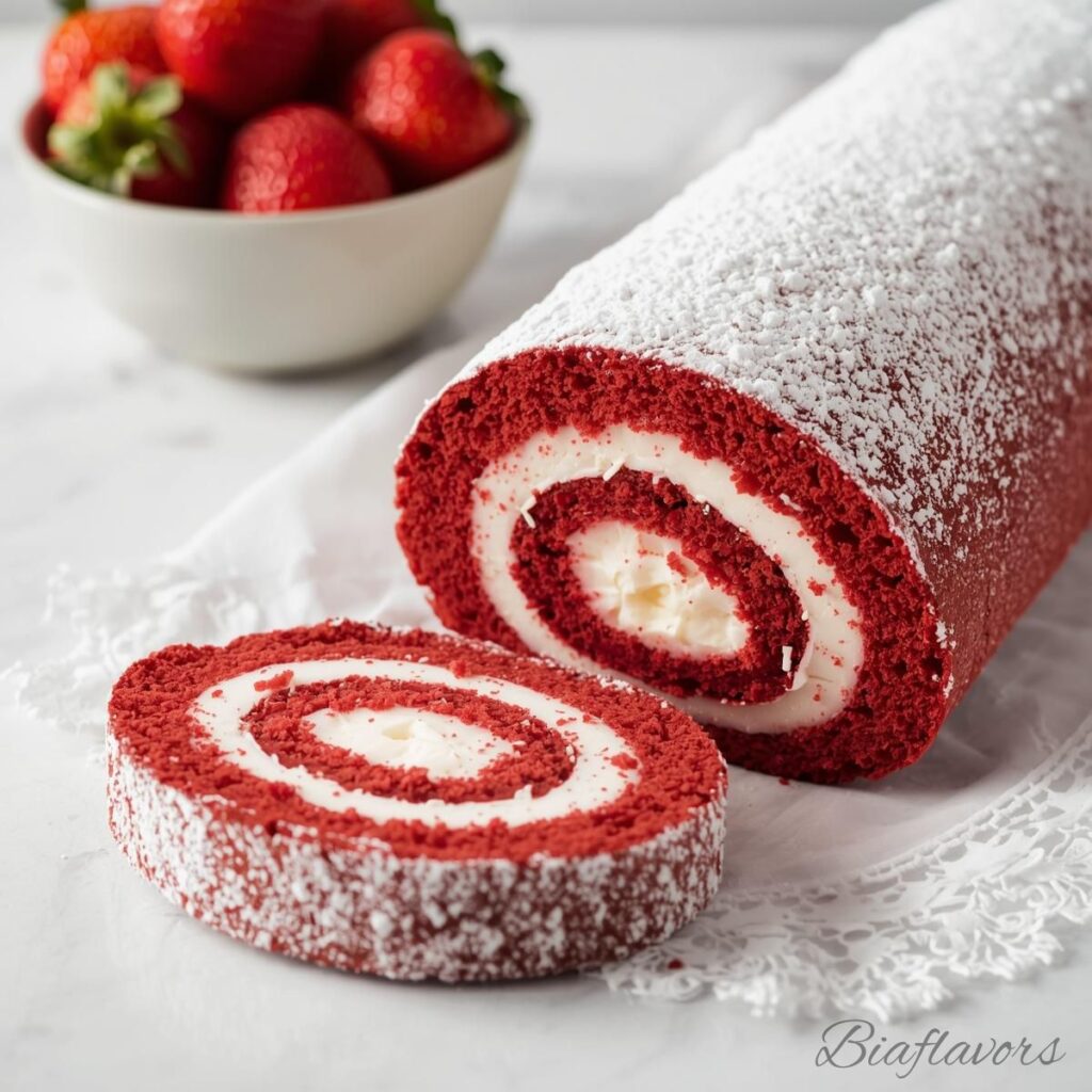“Bakery-style red velvet cake roll dusted with powdered sugar and cream filling”