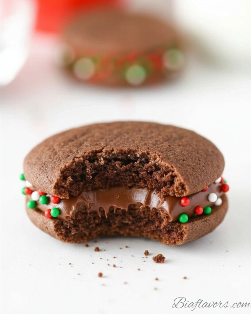 Bitten Christmas chocolate sandwich cookie showing soft cocoa cookie interior and chocolate ganache filling with holiday sprinkles