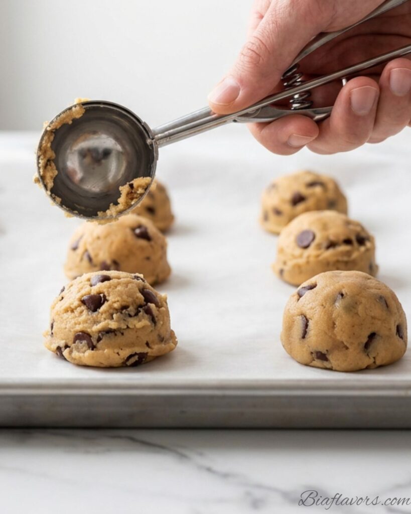 Cookie dough being scooped onto parchment lined baking sheet with chocolate chips visible in golden brown dough
