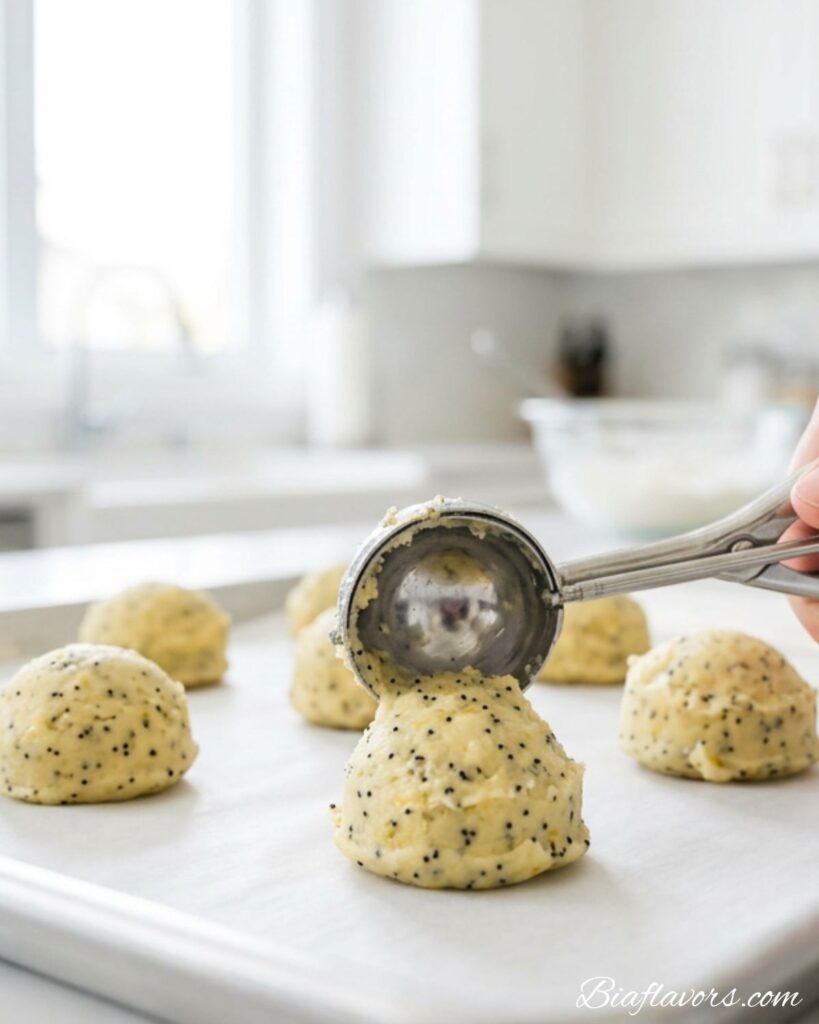 Cookie scoop portioning golden lemon poppy seed dough onto white parchment baking sheet on white marble counter in bright white kitchen

