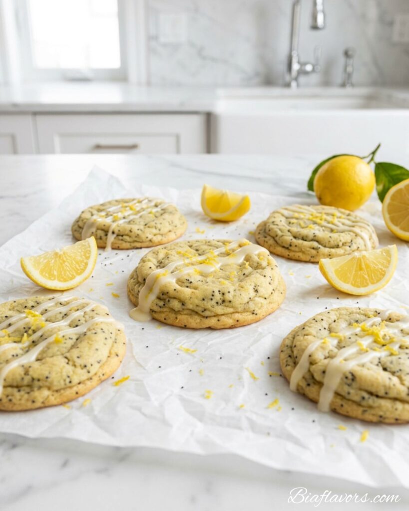 Dramatic close-up of lemon poppy seed cookies on white parchment with white glaze drizzle bright lemon zest and fresh lemon wedges in luxury white marble kitchen