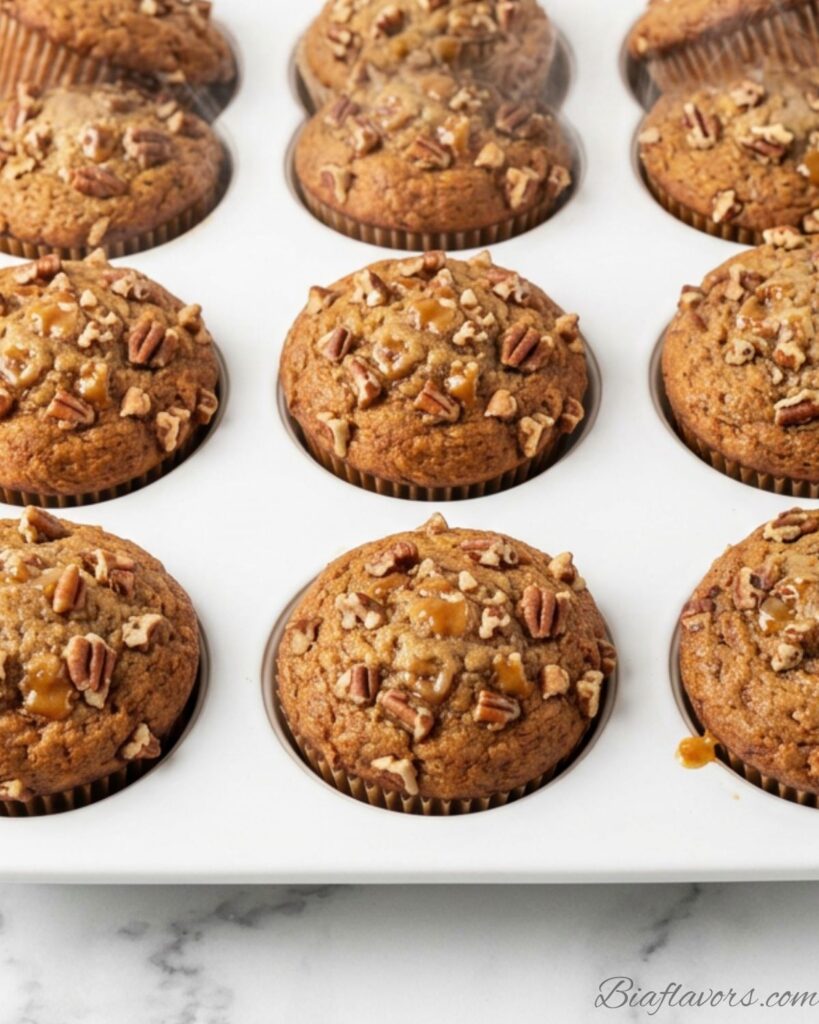 Freshly baked caramel banana nut muffins in white muffin tin just out of oven showing golden domed tops with pecans and caramel on white marble