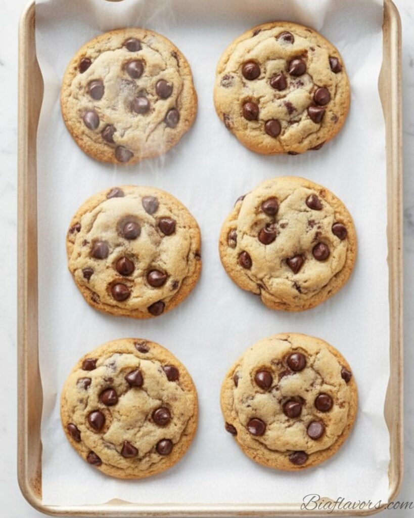 Freshly baked chocolate chip cookies on parchment lined baking sheet just out of oven with golden edges and melted chocolate chips