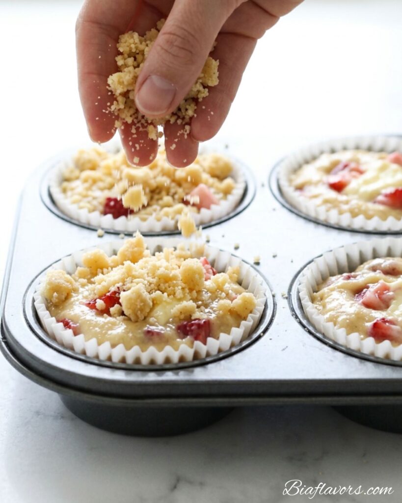 Hands sprinkling golden streusel crumble topping over strawberry cheesecake muffin batter in white lined muffin tin on white marble counter

