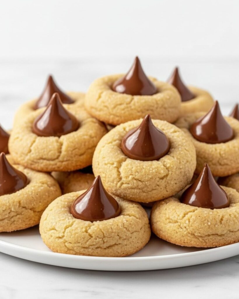 Large pile of golden peanut butter blossom cookies with chocolate kiss centers on round white ceramic plate on white marble clean white background