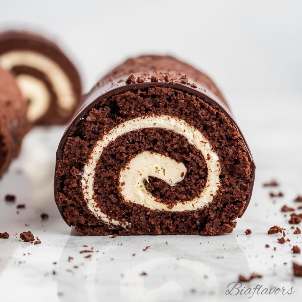 Light and fluffy Chocolate Swiss Roll served on a plate
