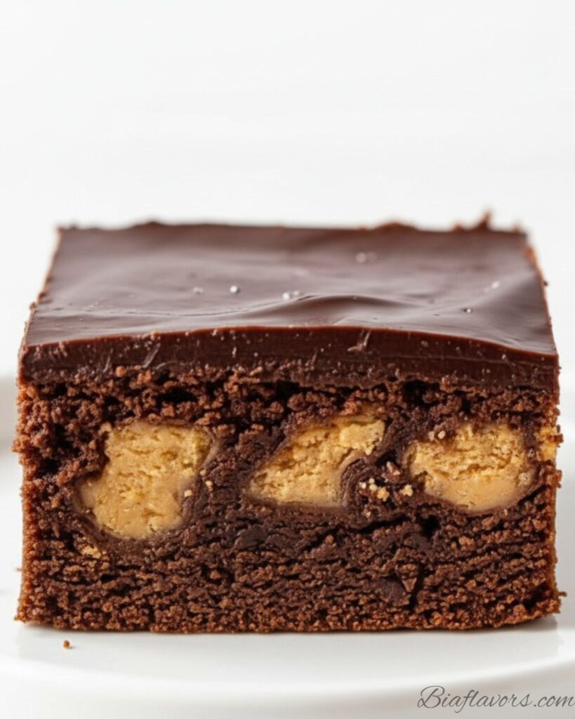 Macro close-up of peanut butter stuffed brownie showing thick glossy chocolate ganache top and golden peanut butter chunks inside fudgy brownie