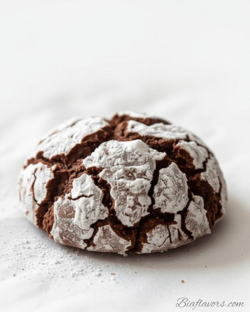 _Macro close-up of single chocolate crinkle cookie showing deeply cracked white powdered sugar coating with rich dark cocoa brown dough showing through