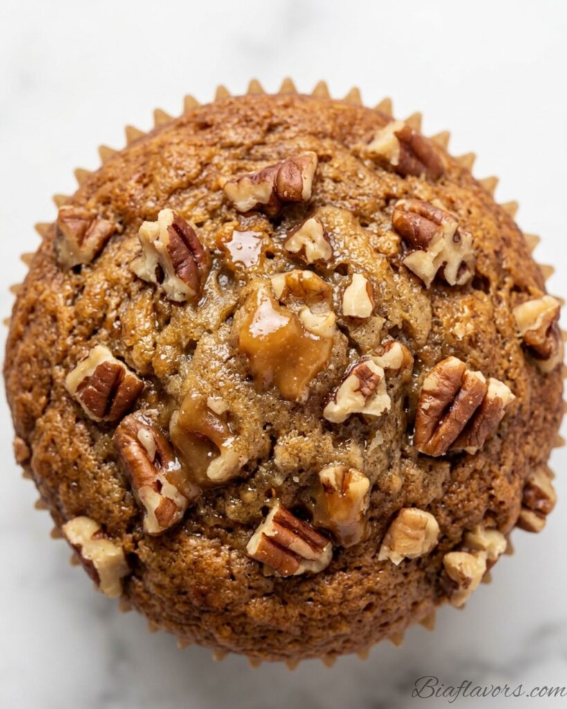 Macro close-up top view of caramel banana nut muffin showing golden domed top with chopped pecans and caramel bits on white marble