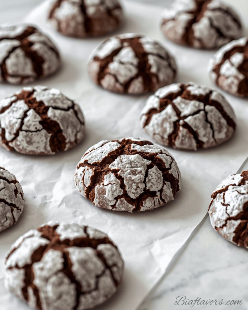Chocolate Crinkle Cookies with deep cracks and snowy powdered sugar coating stacked on a white plate